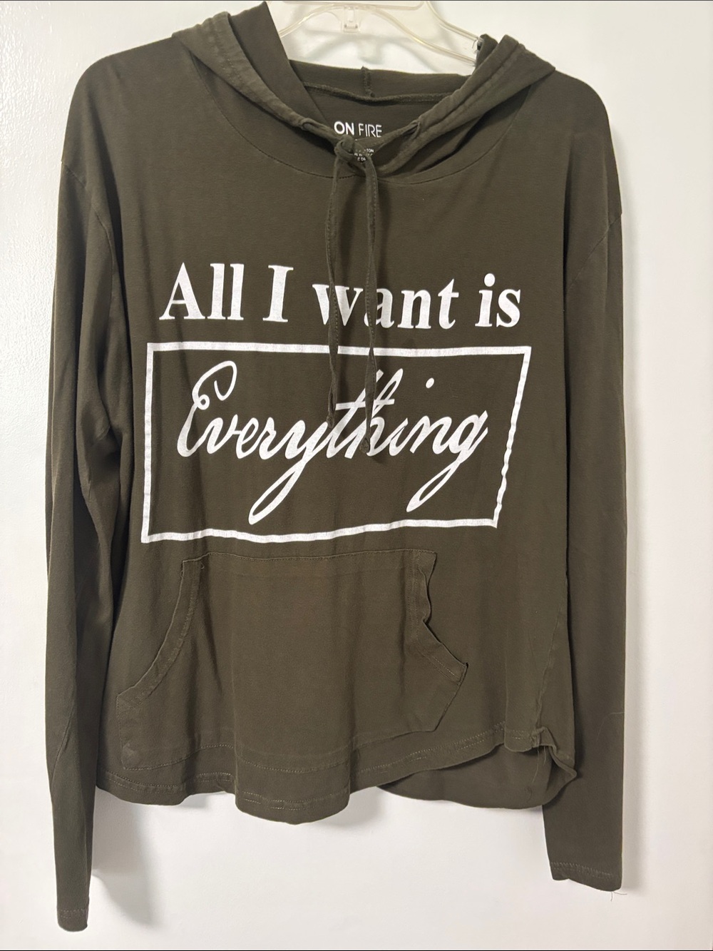On Fire Olive Green Scoop Neck Hoodie with White Script Graphic